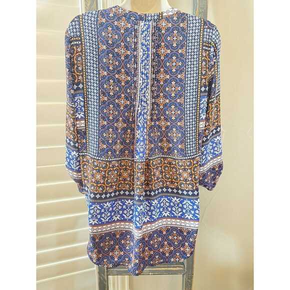 Daniel Rainn Top Women Small Blue Orange Floral Popover Pleated Patchwork Retro - Picture 3 of 9